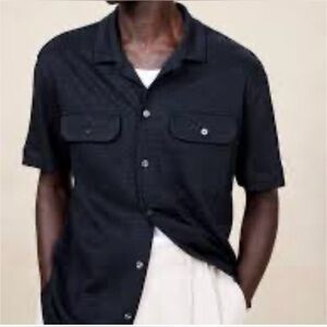 NWT Banana Republic Linen French Terry Resort Shirt Navy Blue Sz Medium Tall
